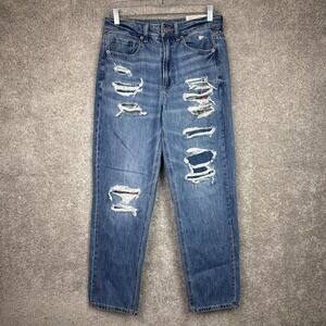 NWT American Eagle AE Mom Straight Distressed Plaid Patches Jeans Size‎ 6